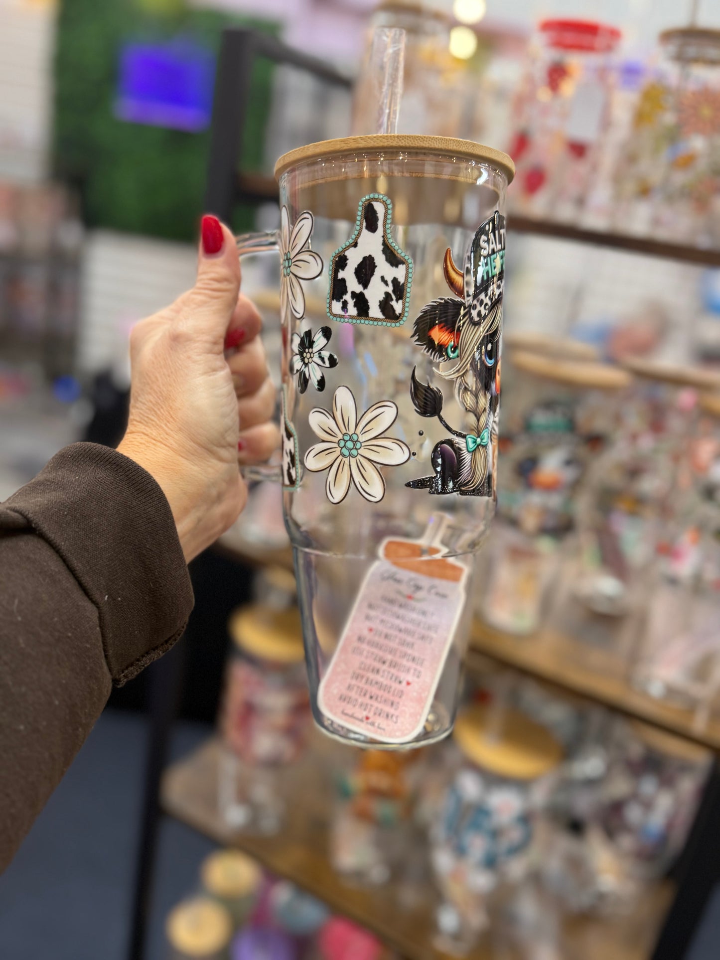 40oz glass Salty Heifer tumbler with handle. Comes with lid & straw
