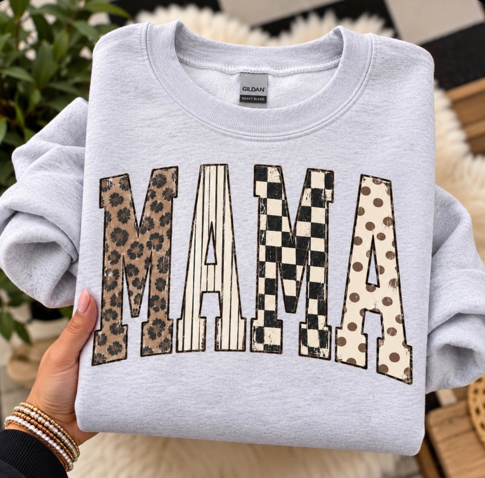 Mama Mixed Print Graphic Sweatshirt | Gildan Heavy Blend Ash Gray Crewneck �