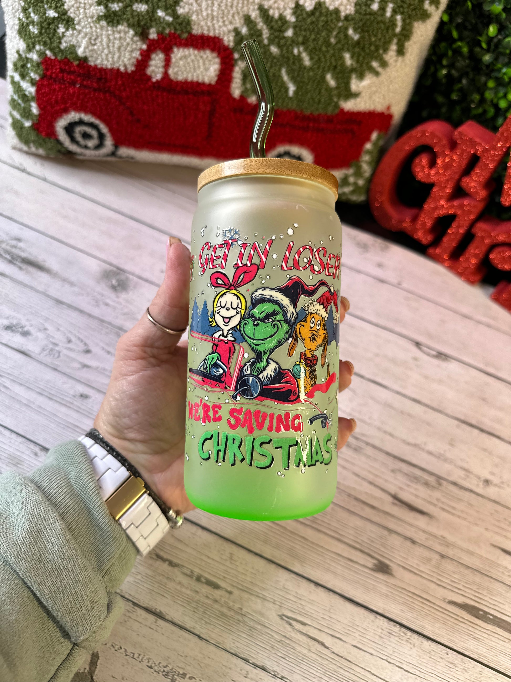 Ombré Green Get In Loser we’re saving Christmas glass cup - Willow Love Bug Designs 