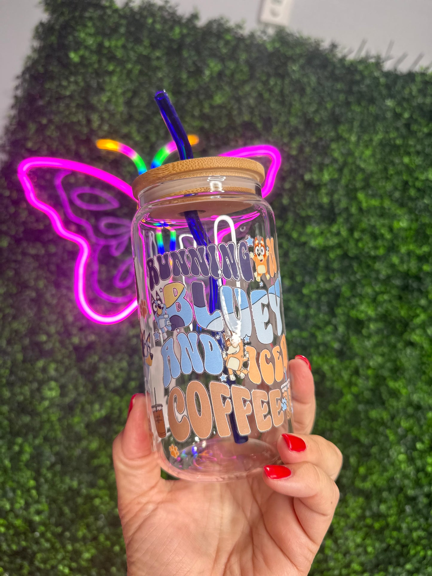 Running On Blue and Iced Coffee 16oz glass cup