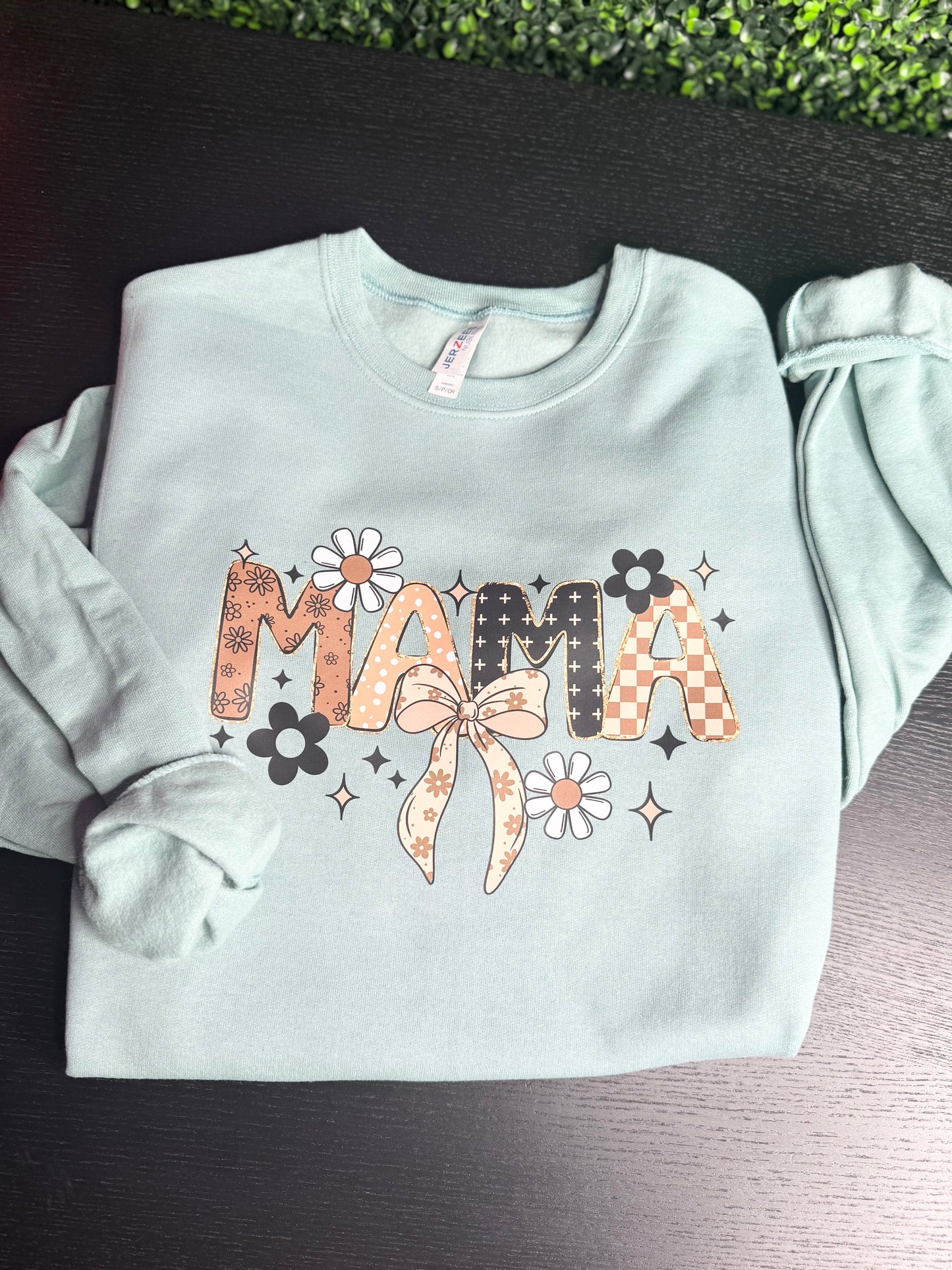 MAMA Floral Croquet Bow Crewneck Sweatshirt