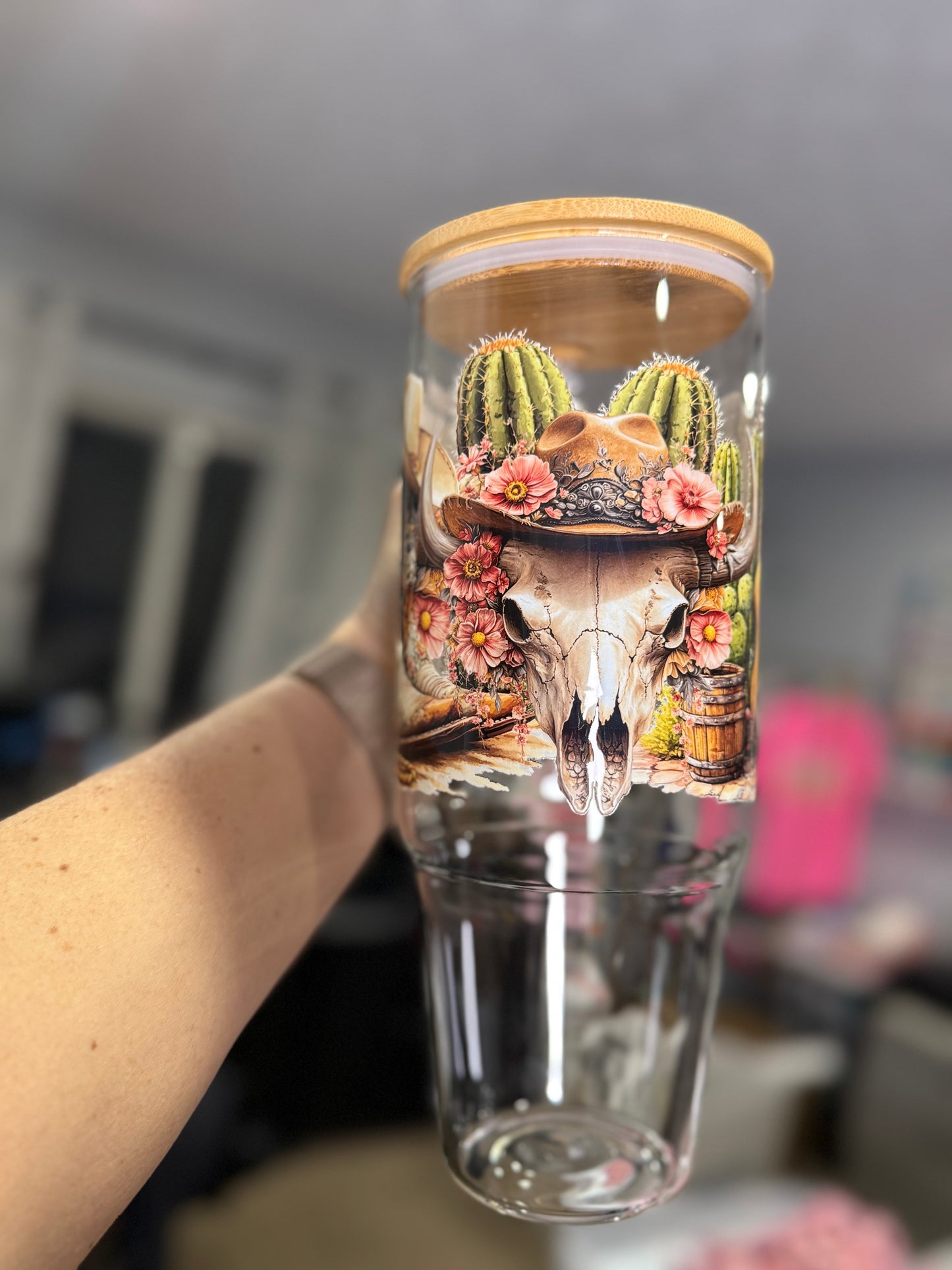 Western Boots Cow Skull 40oz Glass Tumbler with lid & Straw