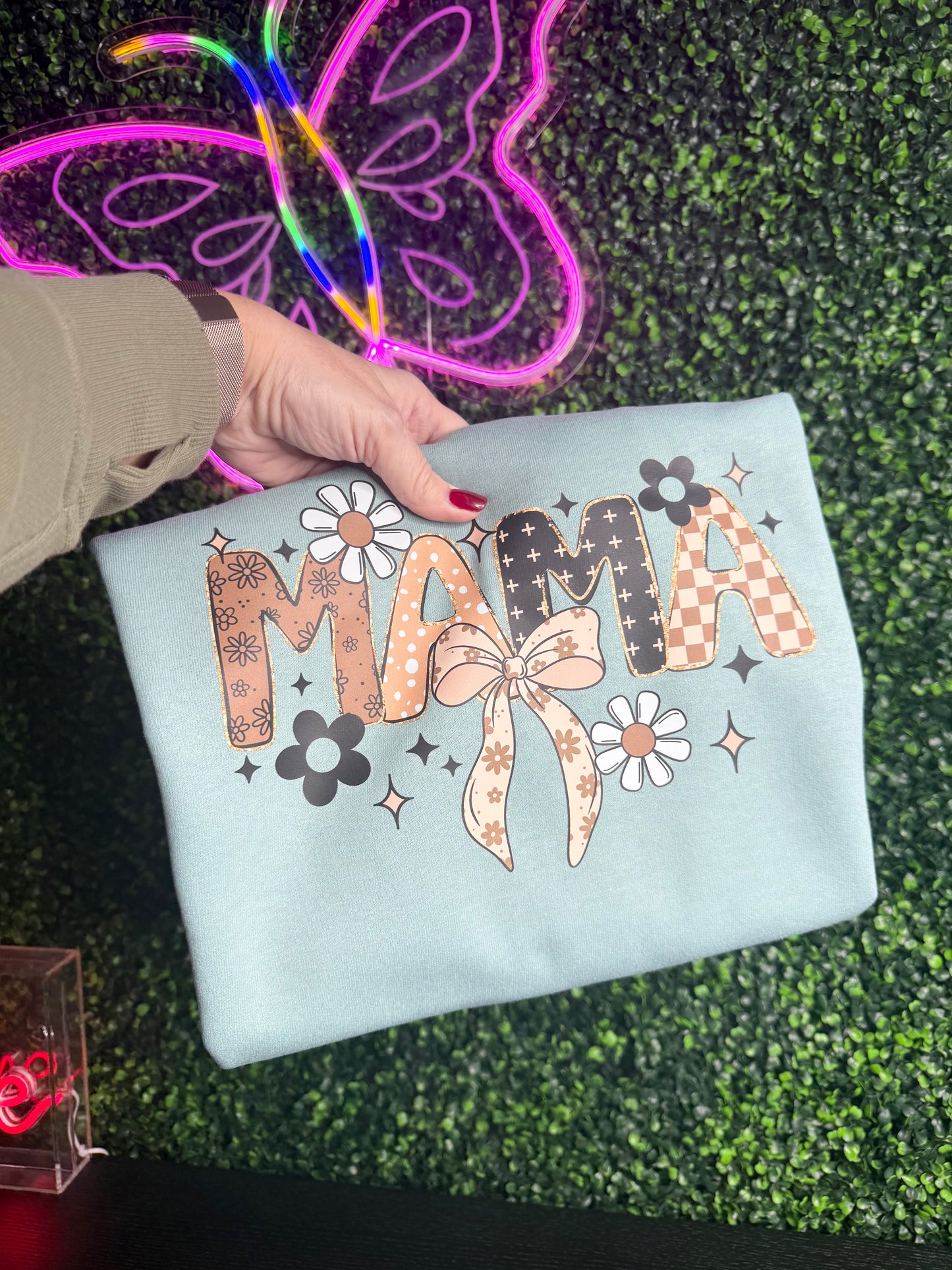 MAMA Floral Croquet Bow Crewneck Sweatshirt