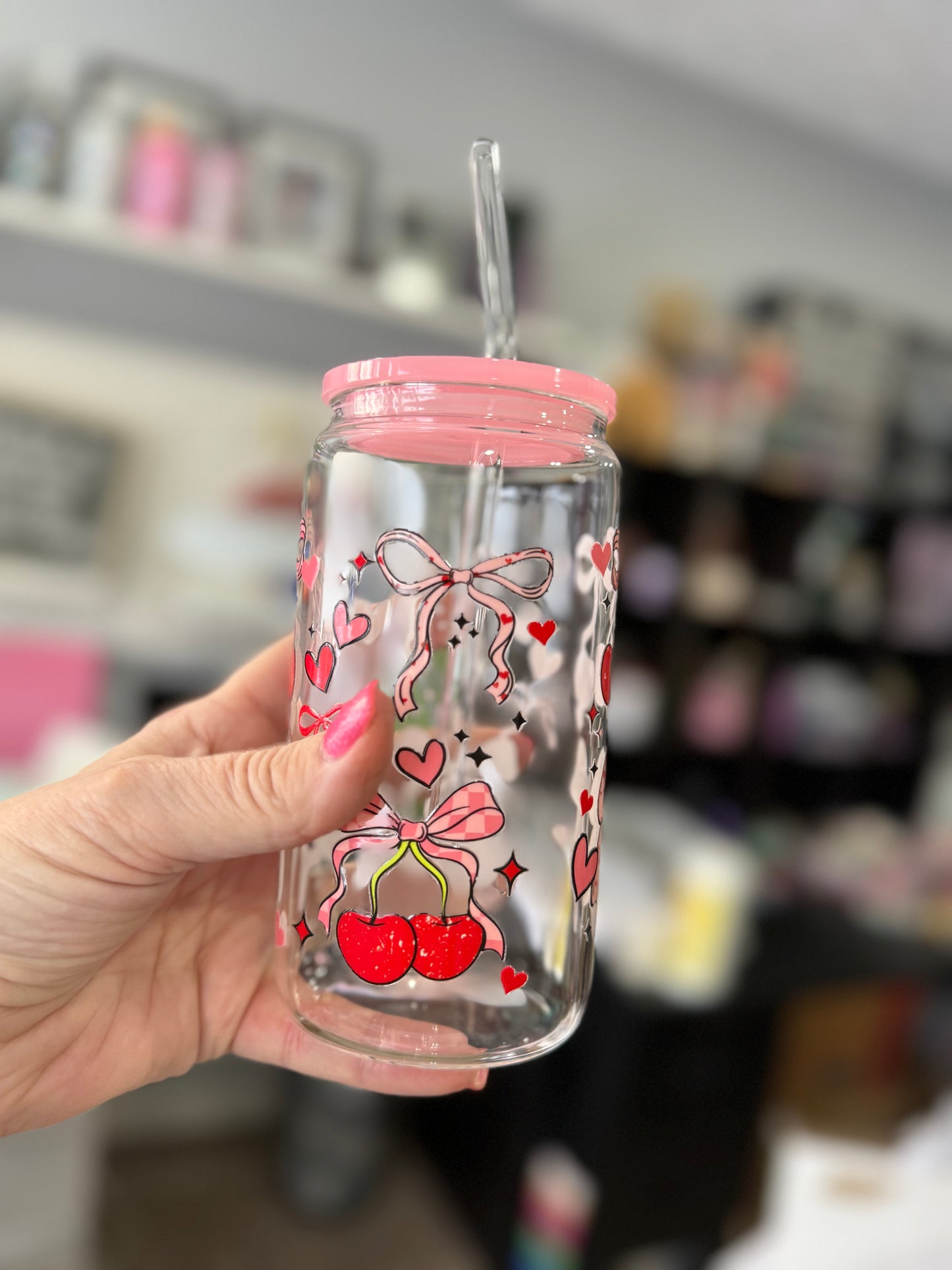 Cherry Hearts & Bows 16oz glass cup with lid & straw