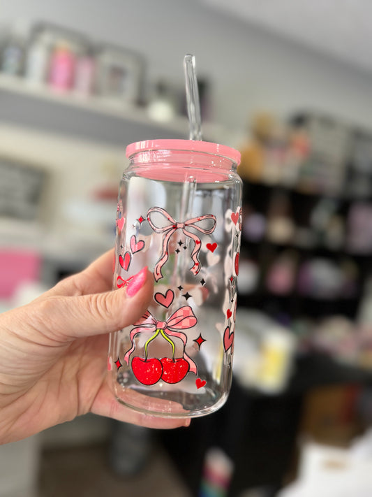 Cherry Hearts & Bows 16oz glass cup with lid & straw