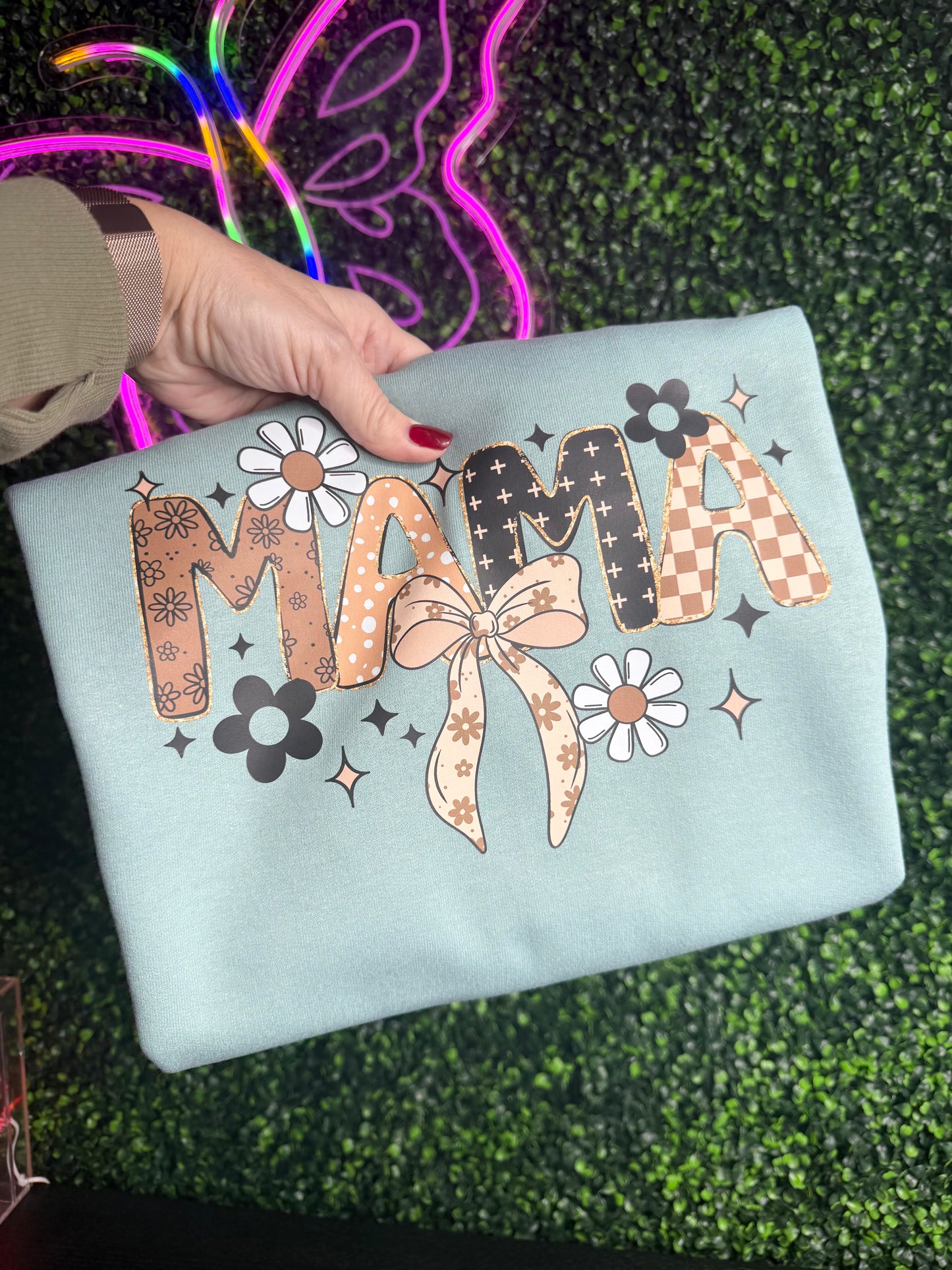 MAMA Floral Croquet Bow Crewneck Sweatshirt