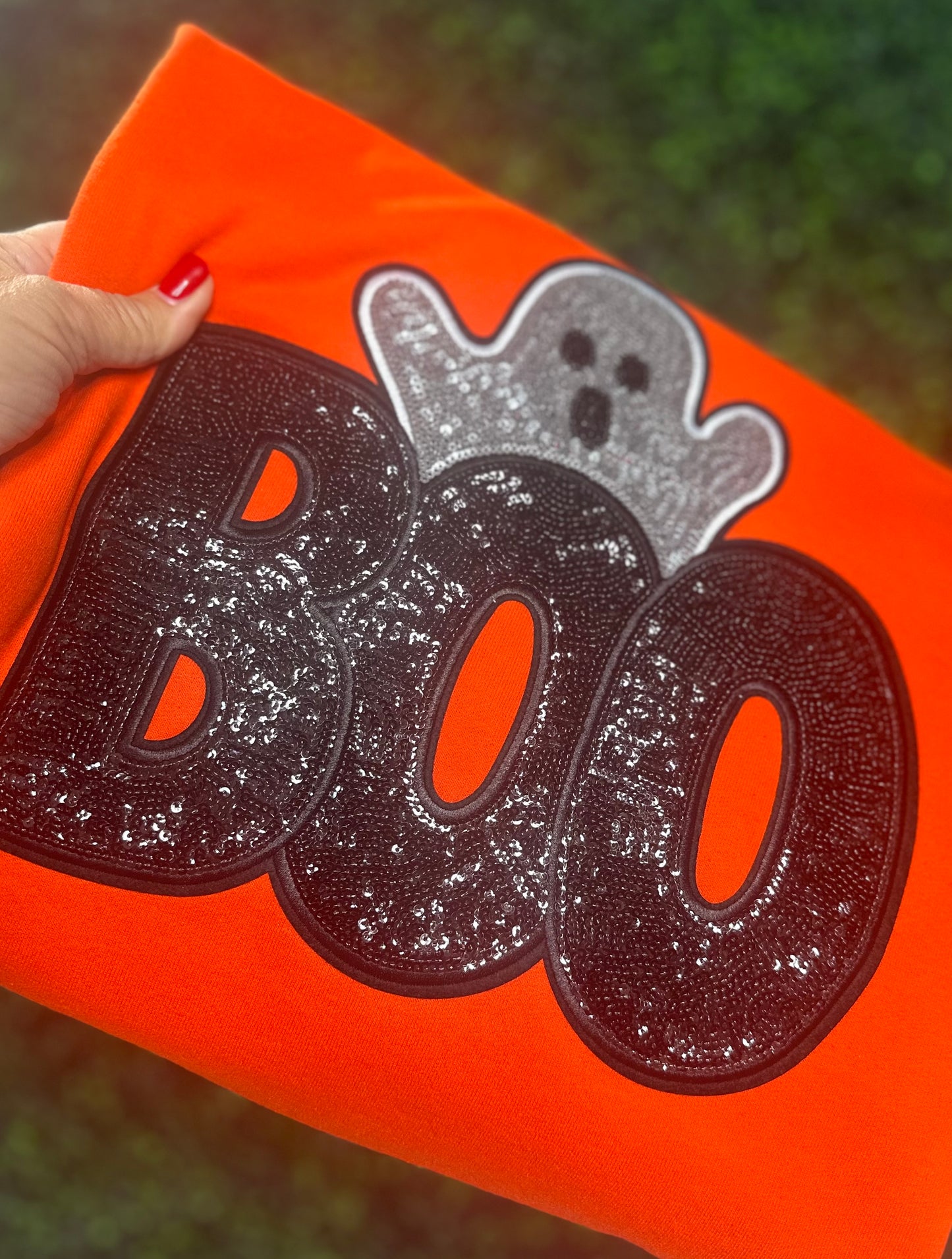 BOO Ghost Sequence Patch Halloween Crewneck Sweatshirt