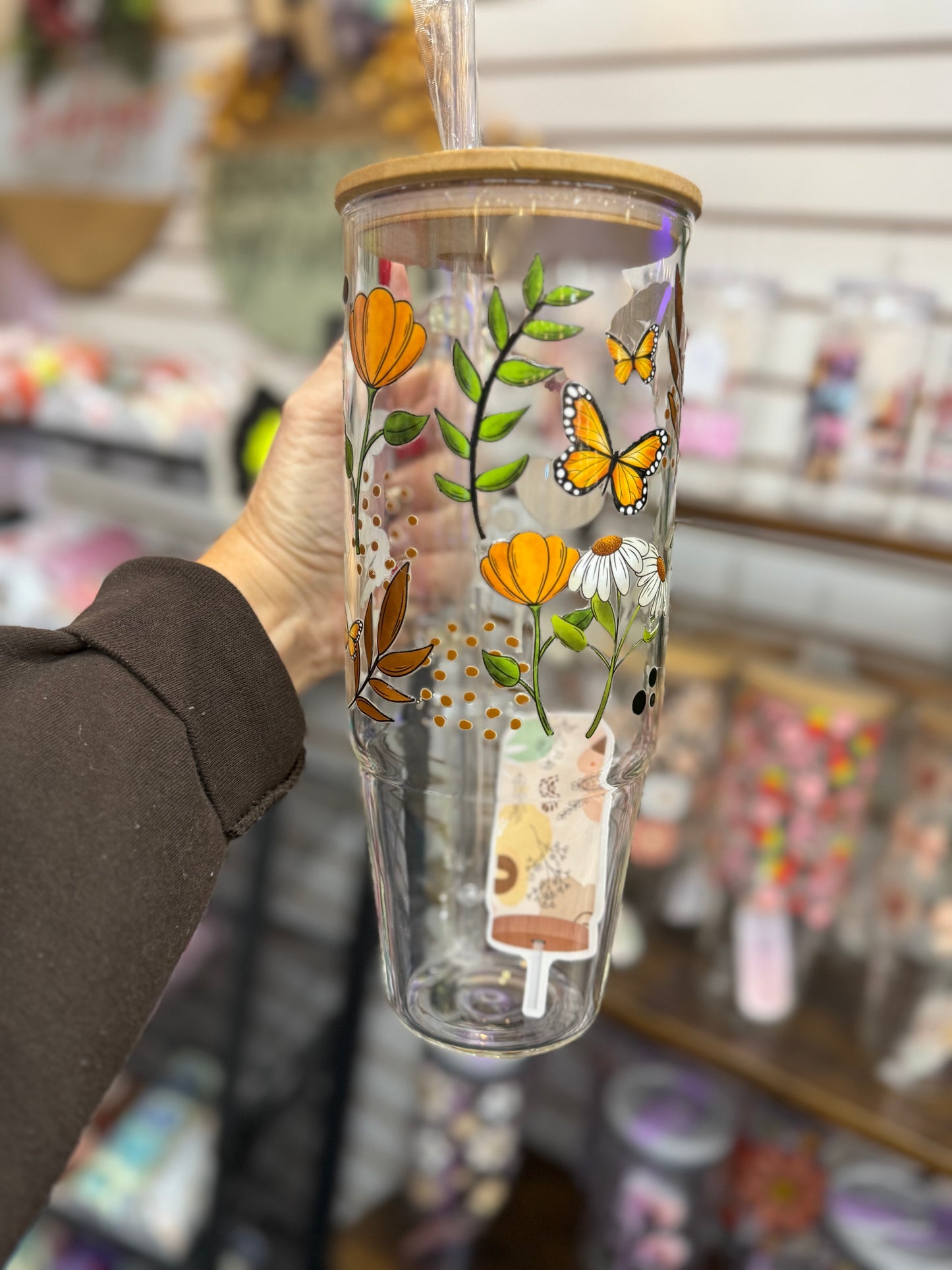 Butterflies & Florals 40oz glass tumbler with lid & staw