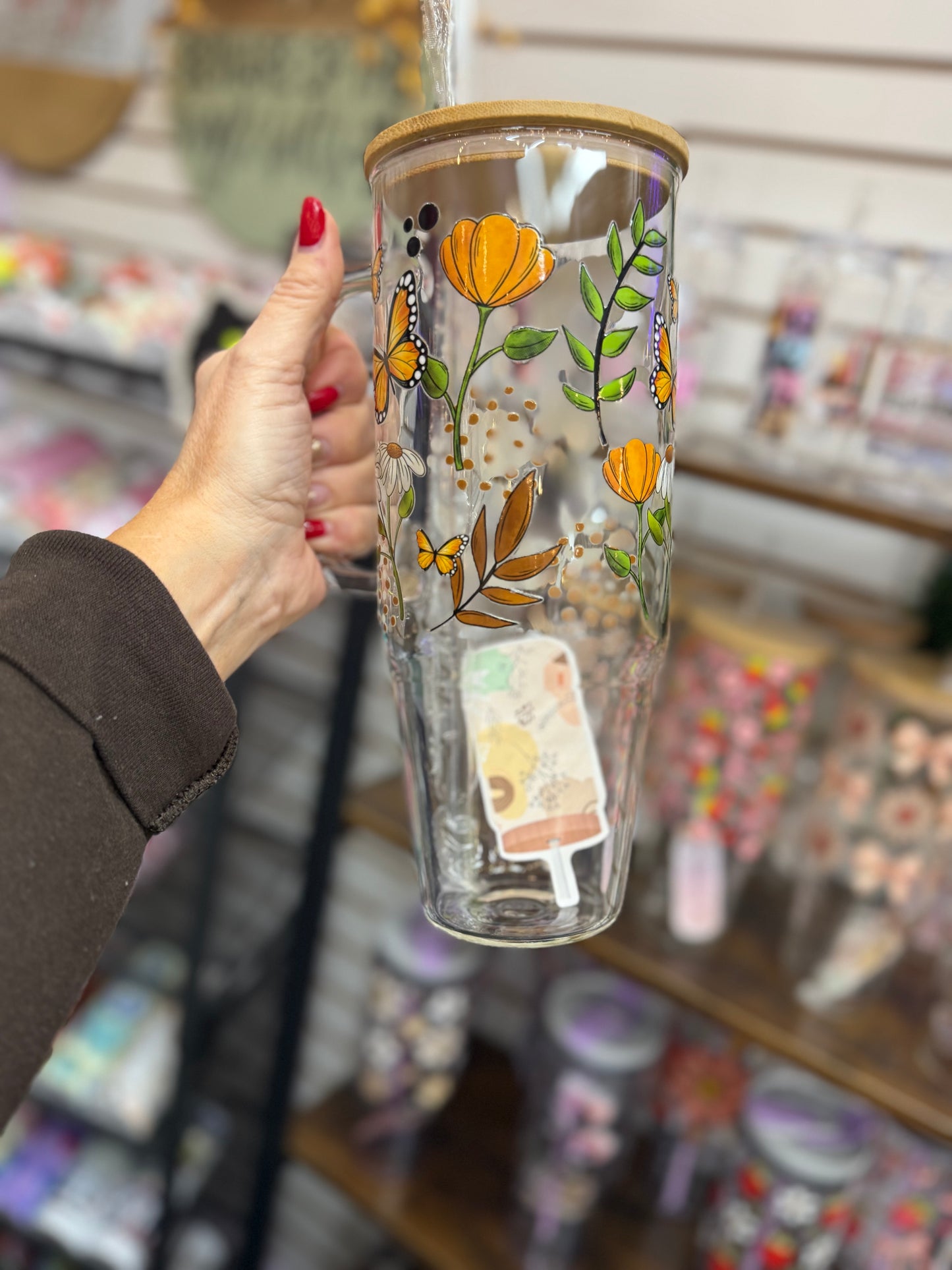 Butterflies & Florals 40oz glass tumbler with lid & staw