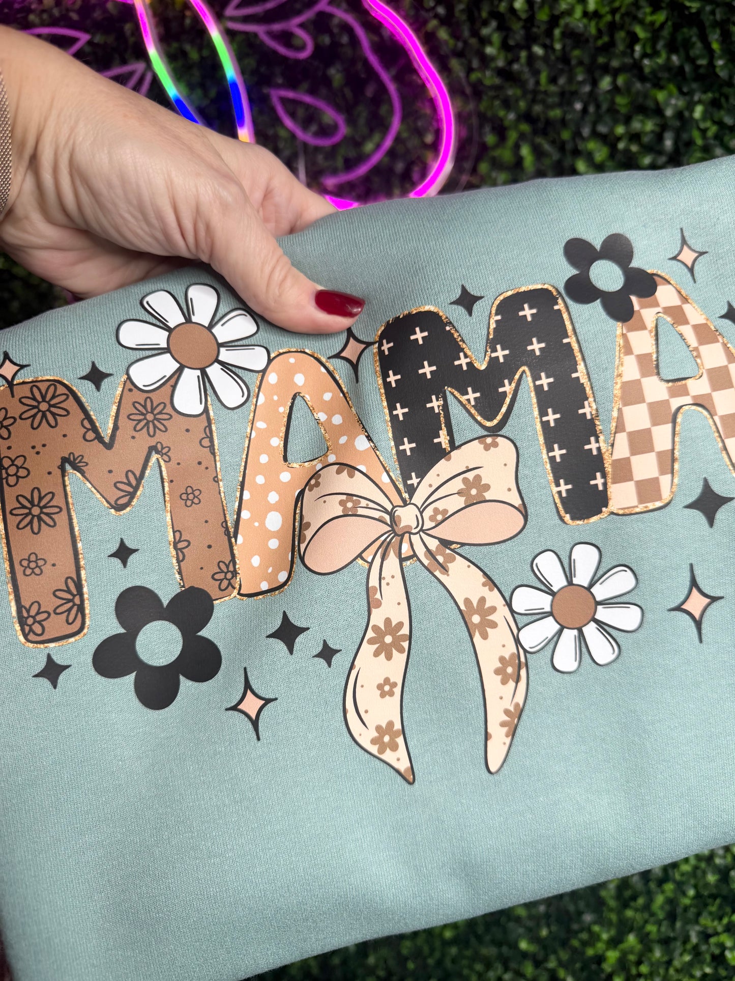 MAMA Floral Croquet Bow Crewneck Sweatshirt