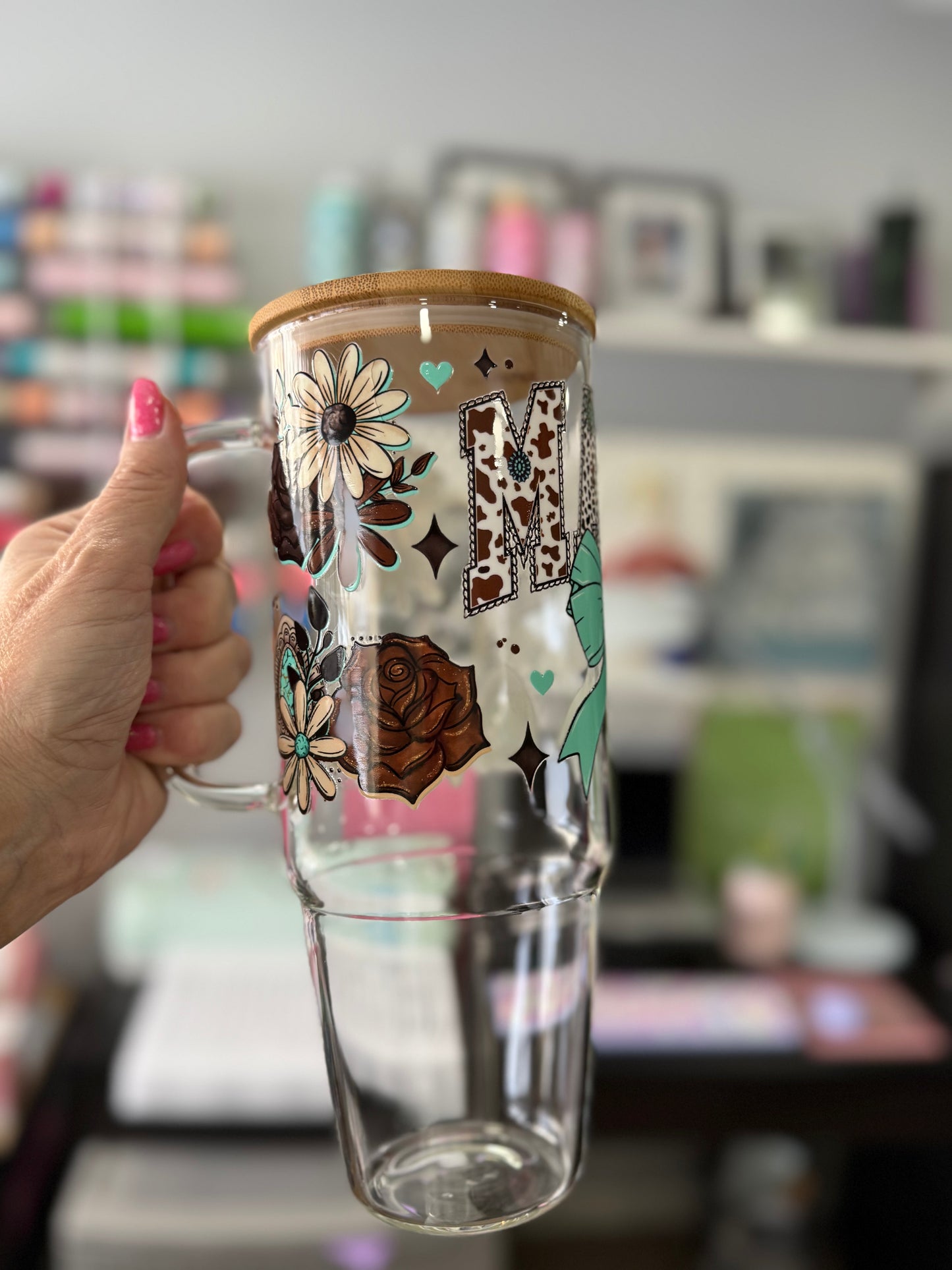 40oz glass tumbler with bamboo lid & straw western mama teal