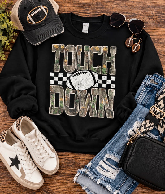 Touchdown Camo Football Sweatshirt | Gildan Heavy Blend Black Crewneck 🏈�