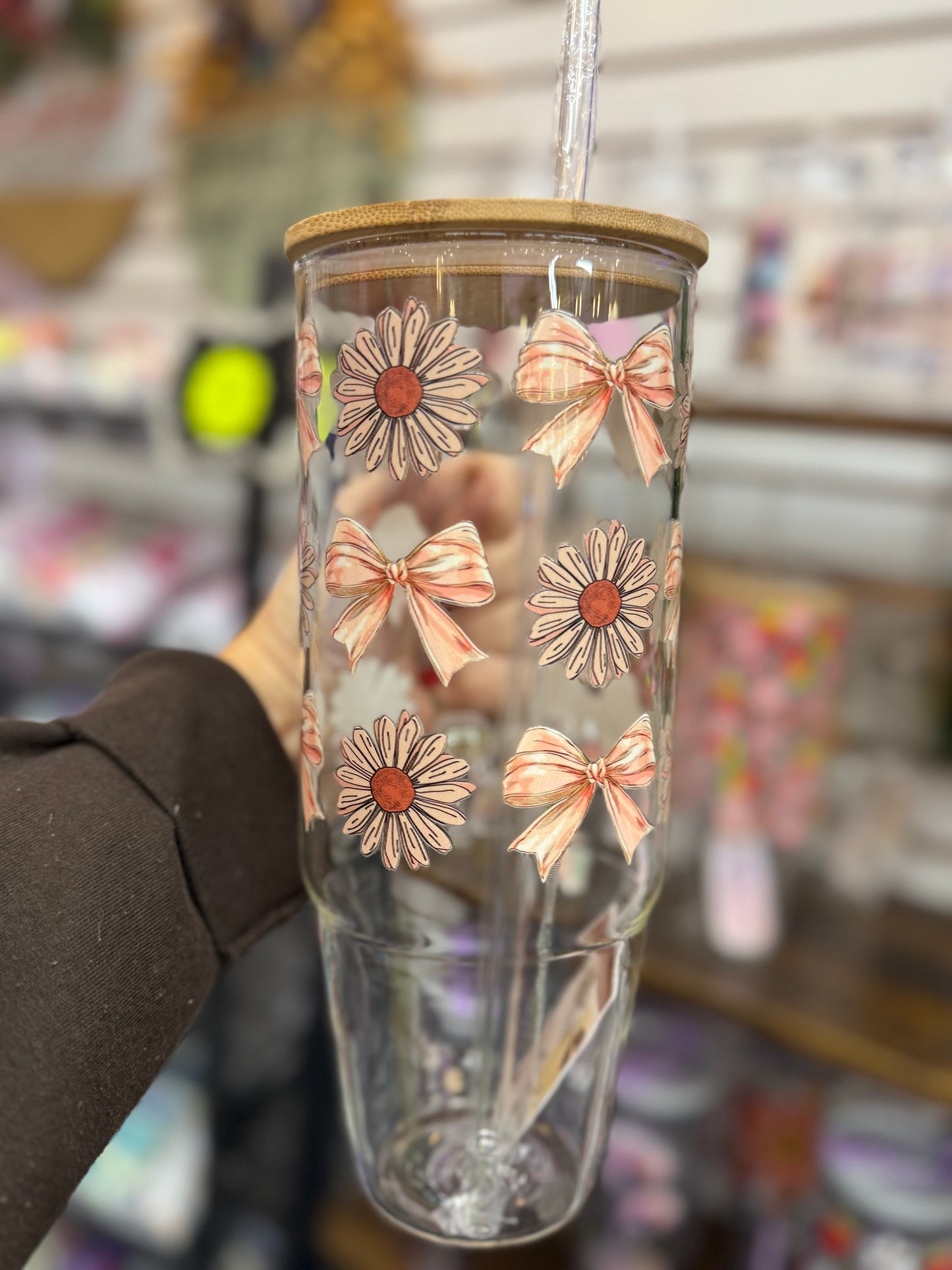 Pink Bows & Daisies 40oz glass tumbler lid & straw
