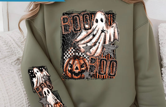 Boo Halloween with design on sleeve crewneck sweatshirt