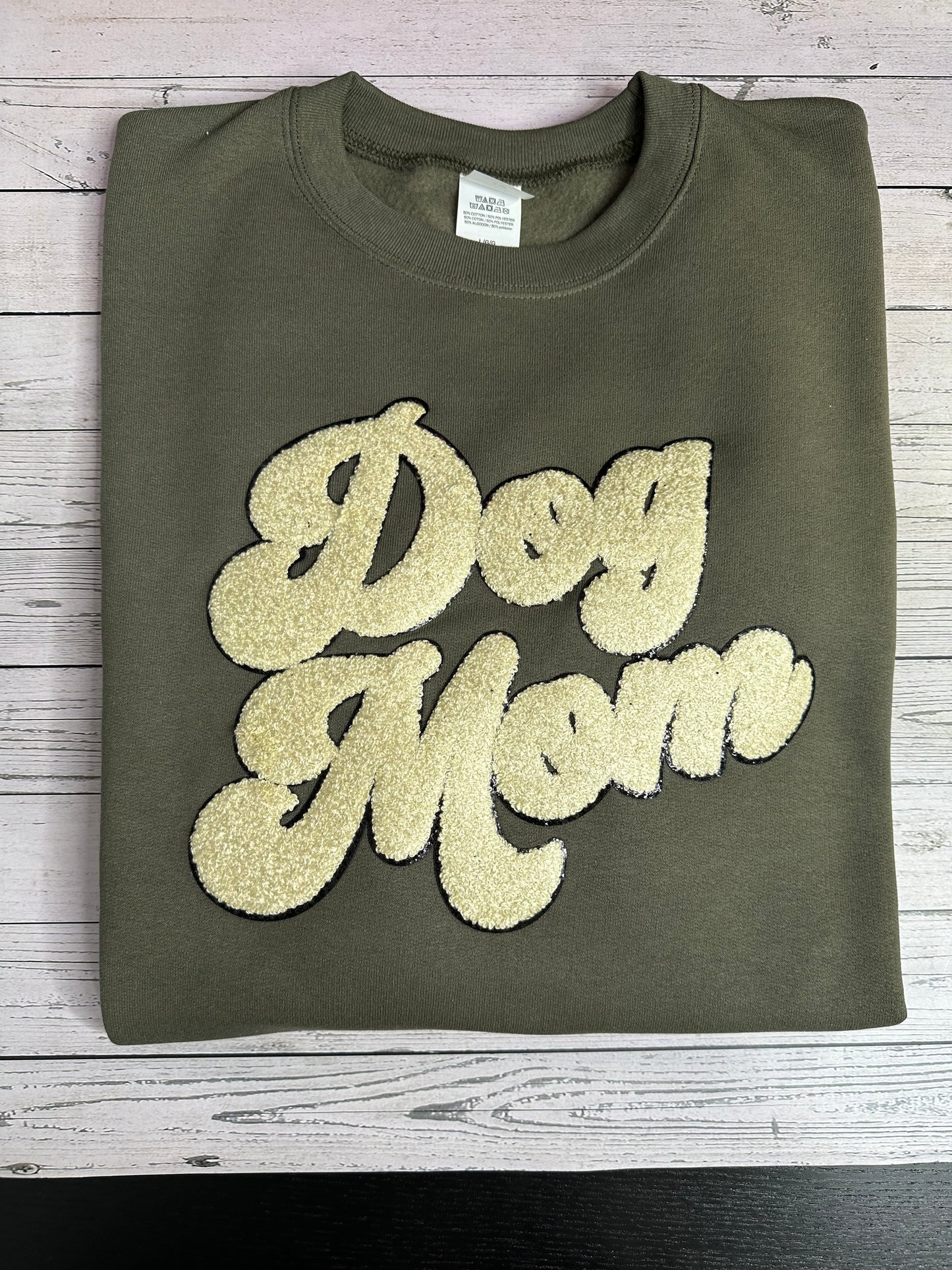 Chenille Patch Dog Mom Sweatshirt Army Green