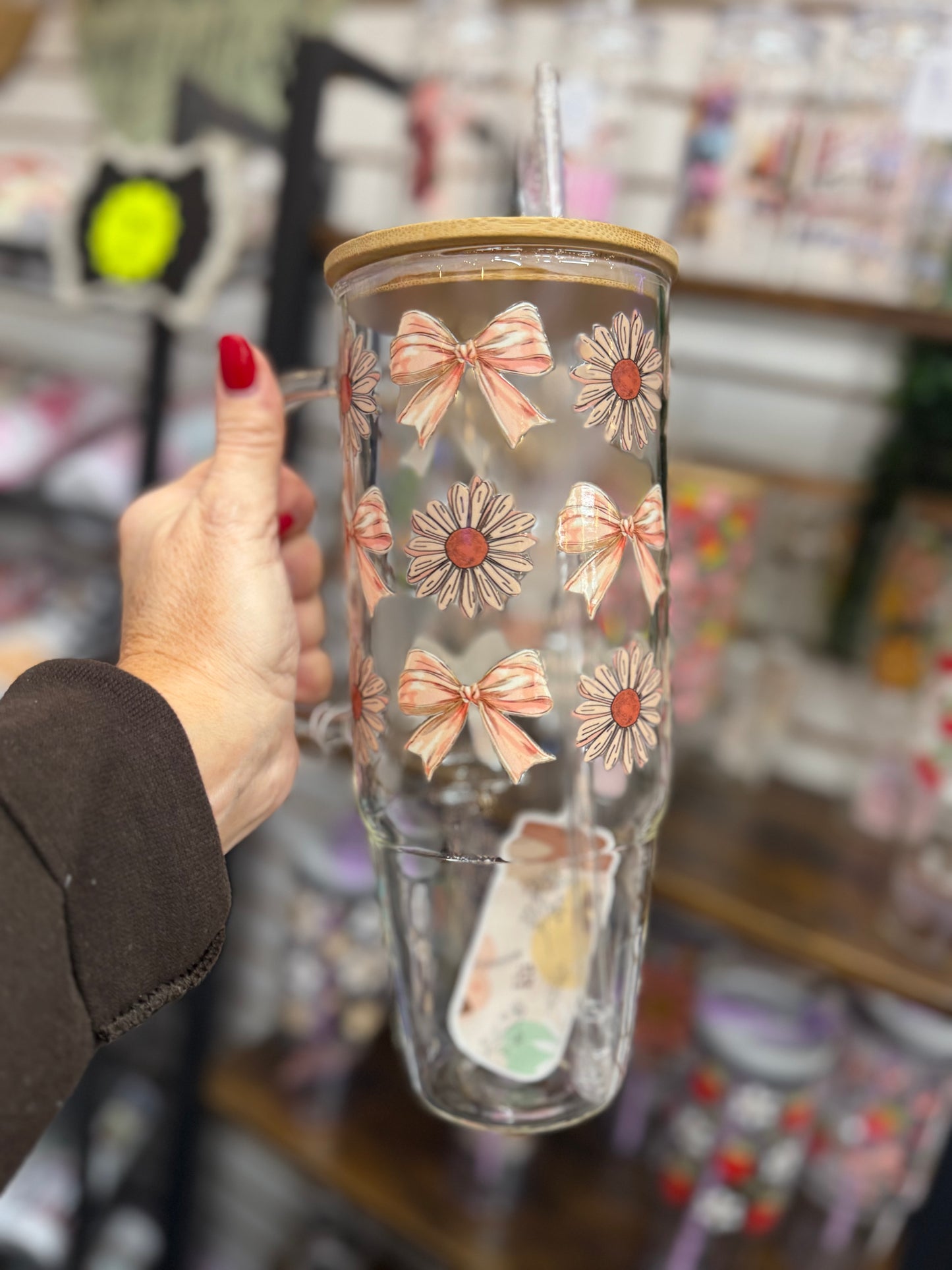 Pink Bows & Daisies 40oz glass tumbler lid & straw