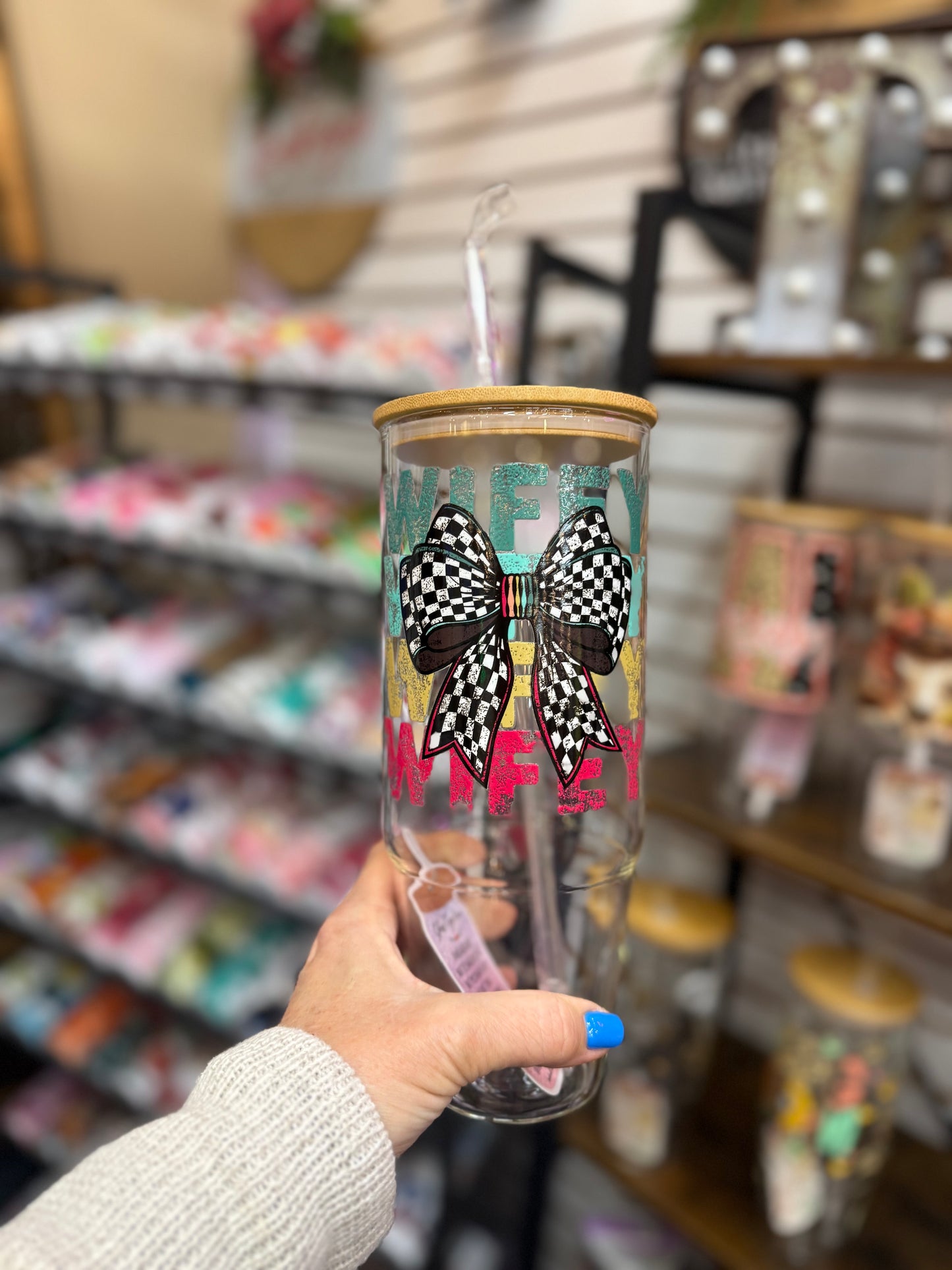 WIFEY  Checkered Bow 40oz glass cup