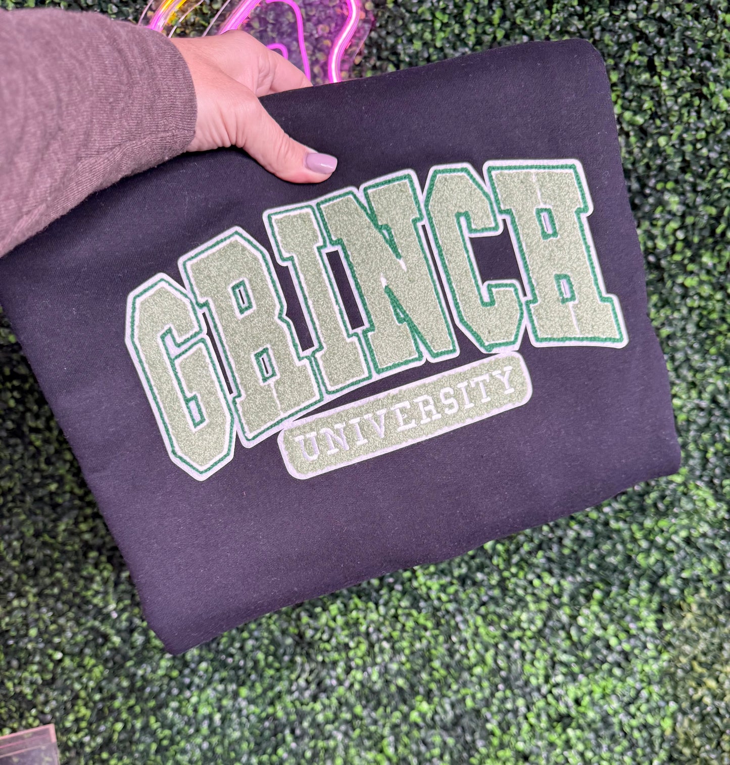 Grinch University Chenille Patch Sweatshirt (You pick color)