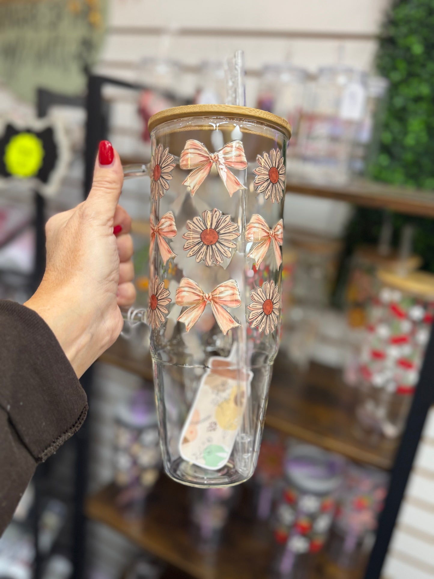 Pink Bows & Daisies 40oz glass tumbler lid & straw