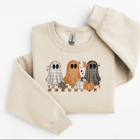 Plaid Halloween Ghost Crewneck Sweatshirt Gildan Sand.