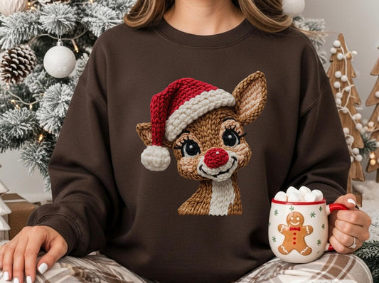 Faux Yarn Red Nose Reindeer Christmas Sweatshirt, Santa Hat