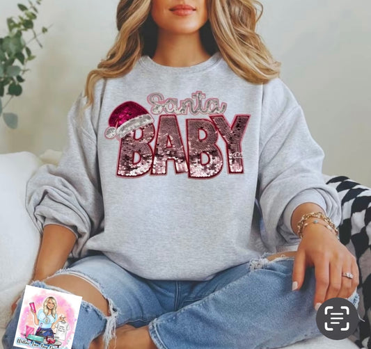 Santa Baby Sequin Patch Sweatshirt - Holiday Patch Pullover for Women