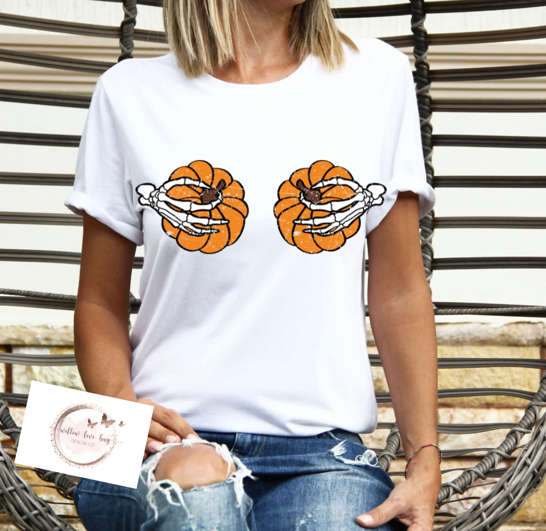 Pumpkin Skelly Hands T-Shirt - Willow Love Bug Designs 