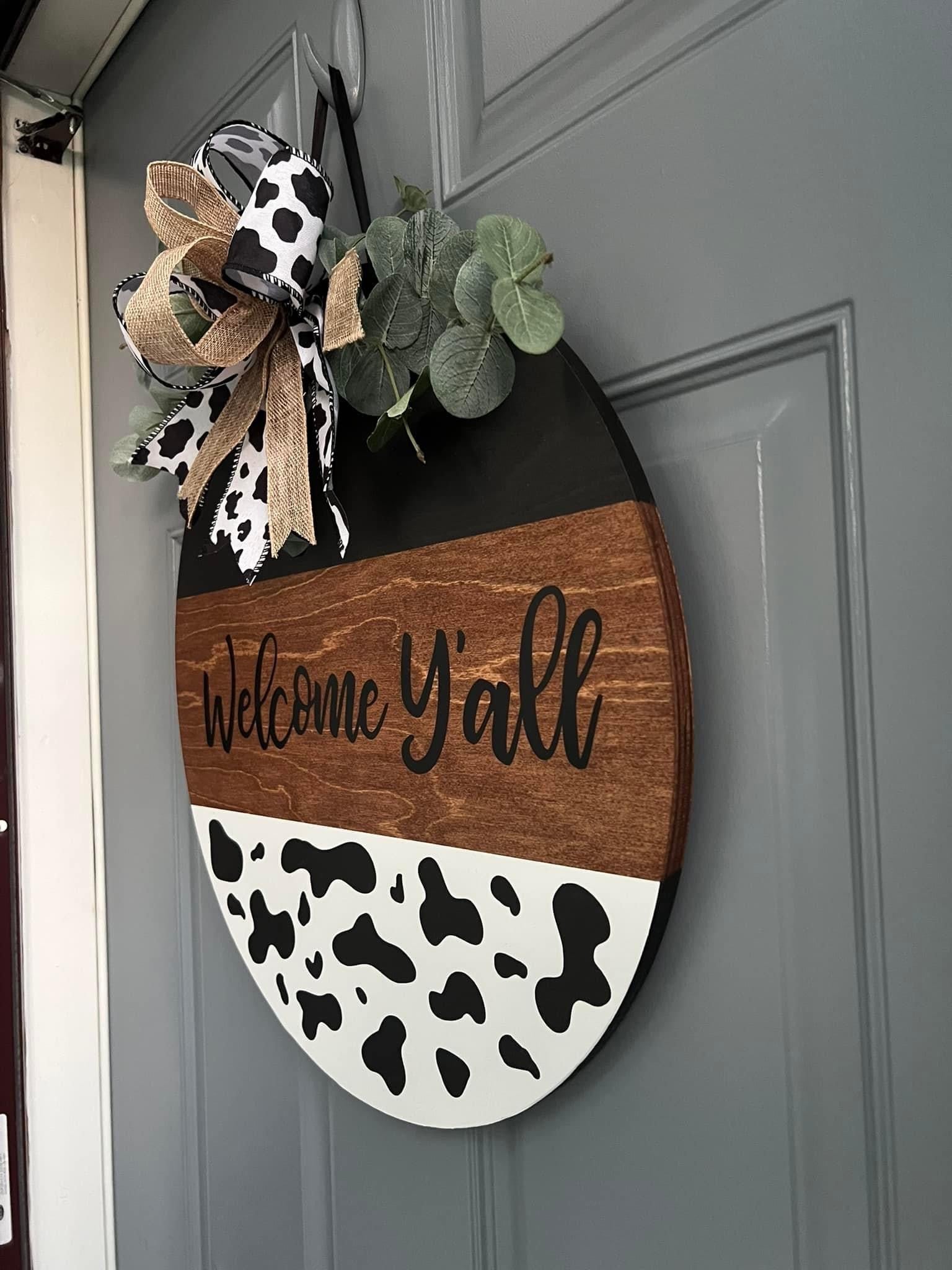 Welcome Y'all  Cow Print Door Hanger - Willow Love Bug Designs 