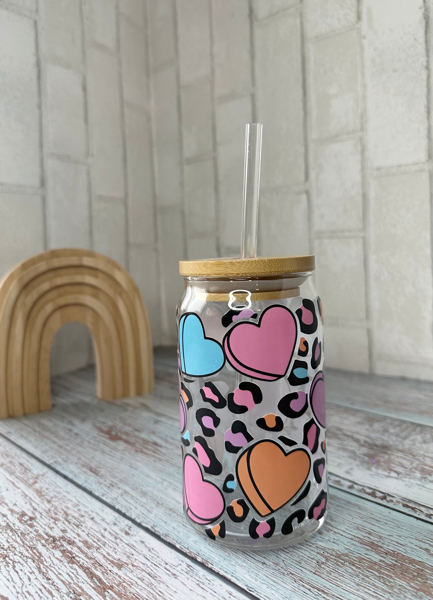 Pastel Leopard Hearts 16oz Glass Libby - Willow Love Bug Designs 