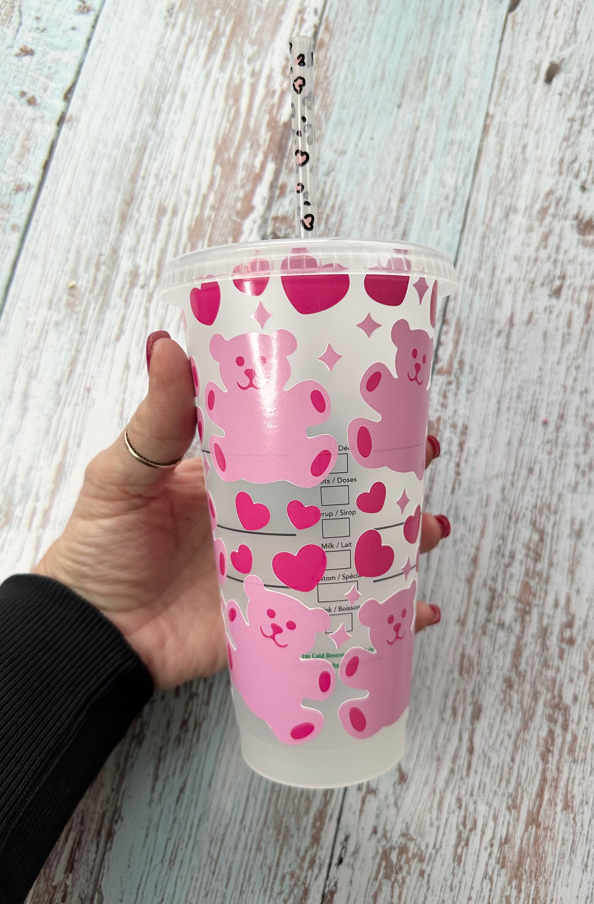 24oz Starbies Pink Teddy Bear With Hearts - Willow Love Bug Designs 
